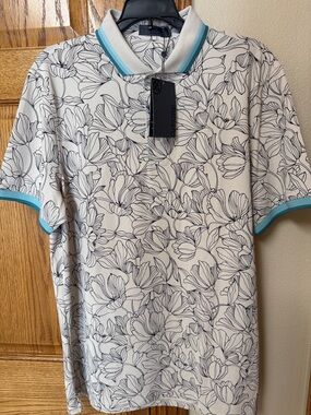 G/FORE White Polo with Black Floral Outline and Teal Trim
